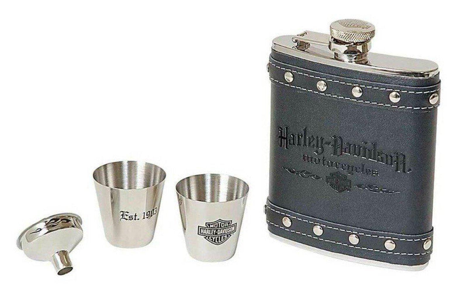 Harley-Davidson Black Leather Hip Flask Set-HDL18505-Rolling Thunder Harley-Davidson
