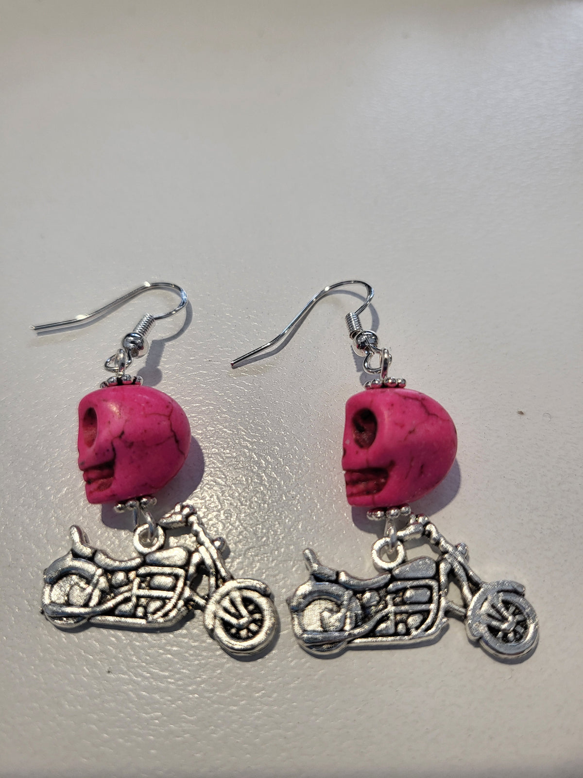 Earrings Silver Motorbike - Pink Skull